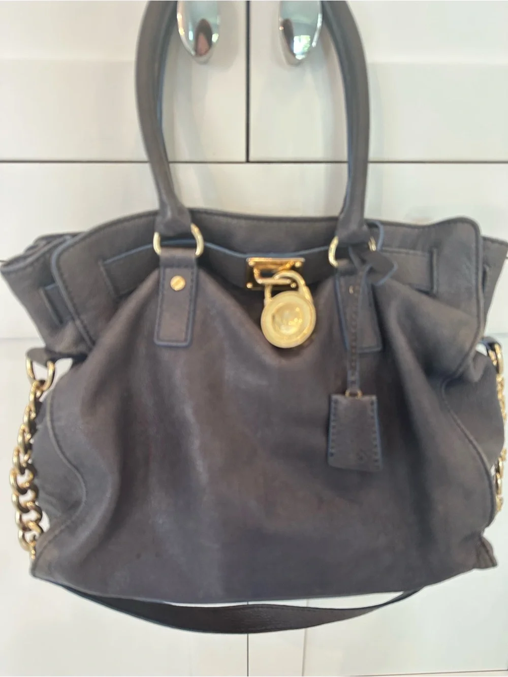 Michael Kors denim blue Leather Shoulder Tote with Gold Hardware.